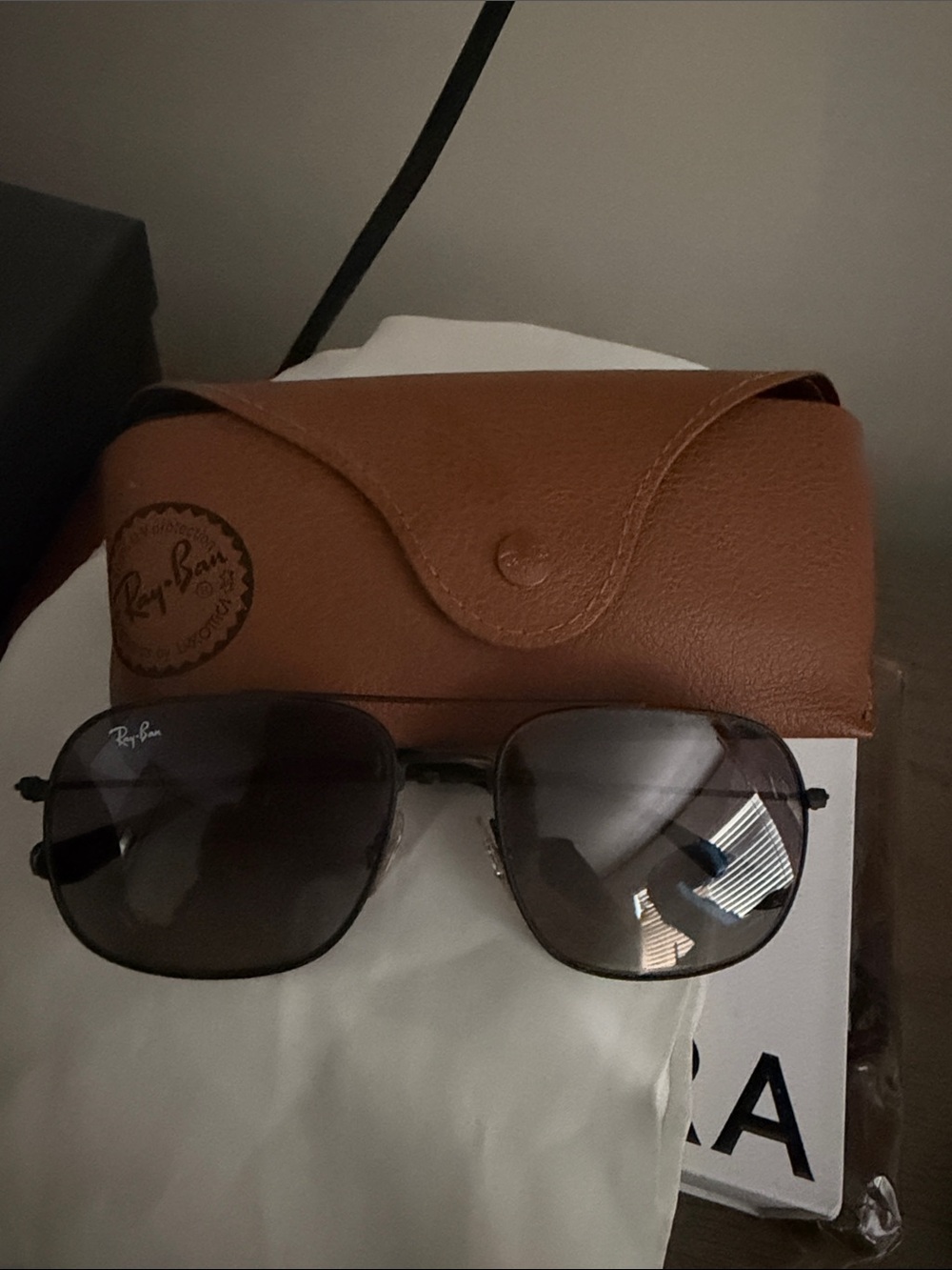 Ray-Ban Men’s Brown Leather Case with Dark Lens Sunglasses
